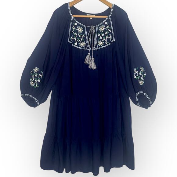 Max Studio Embroidered Peasant Dress Size XL Navy Blue Boho Oversized Tassel - Picture 11 of 11